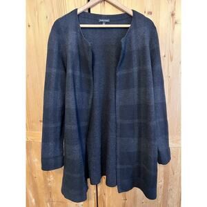 EILEEN FISHER Black Merino Wool Plaid Round Neck Long Jacket Coat Size M NWOT